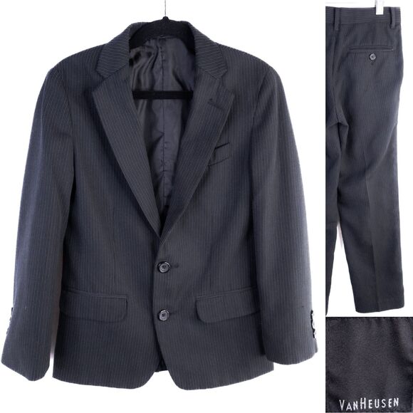 Boys Size 8 Black Grey Pinstriped Van Heusen Suit Jacket And Pants - Picture 1 of 16